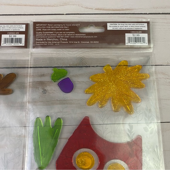 Set Of 3 Fall Harvest Window Sticker Gel Clings Owl Sunflower Pumpkin Acorn Leaf - Picture 2 of 8